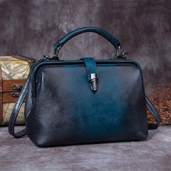 Handmade Dark Blue Leather Handbag Vintage Doctor Bag Shoulder Bag Purse For Women