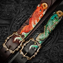 Handmade Leather Tooled Carp Mens Belt Cool Leather Men Belt for Men