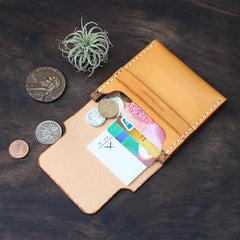Handmade Wooden Brown Leather Cool Mens Wallet Small Card Holder Coin Wallet for Men