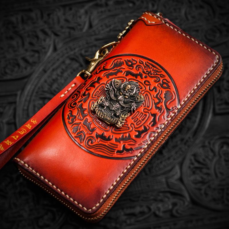 Handmade Leather Tibetan Mens Biker Chain Wallet Cool Leather Wallet Long Chain Wallet for Men
