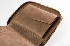 Cool Leather Mens Slim Leather Small Wallet Zipper billfold Wallets Bifold for Men