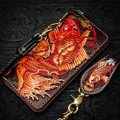 Handmade Leather Tooled Carp Mens Chain Biker Wallets Cool Leather Wallet Long Wallets for Men