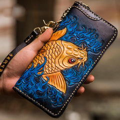 Handmade Leather Men Tooled Carp Cool Biker Leather Wallets Long Chain Wallets for Men