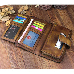 Handmade Leather Mens Cool Long Leather Wallet Trifold Clutch Wallet for Men