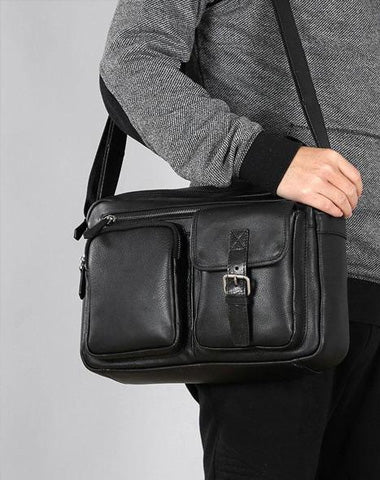 Leather Mens Cool Black Small Messenger Bag Shoulder Bag Bike Bag Cycling Bag for men