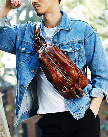 Cool Leather Mens Sling Bag Shoulder Sling Bag Chest Bag for men