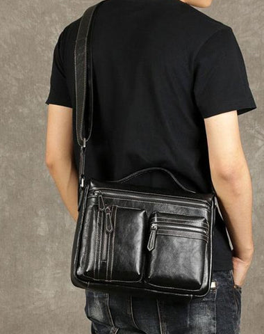 Leather Mens Cool Messenger Bag Black Shoulder Bag for men