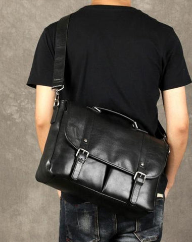 Genuine Leather Mens Cool Black Briefcase Work Bag Business Bag for men