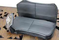 Handmade black leather punk skull pirate carved biker wallet Long wallet clutch for men