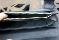 Handmade black leather punk skull pirate carved biker wallet Long wallet clutch for men