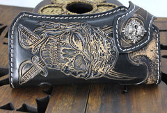 Handmade black leather punk skull pirate carved biker wallet Long wallet clutch for men
