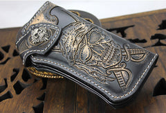 Handmade black leather punk skull pirate carved biker wallet Long wallet clutch for men
