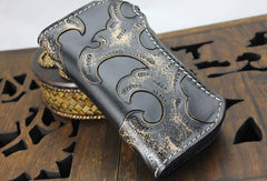 Handmade black leather punk skull pirate carved biker wallet Long wallet clutch for men