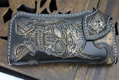 Handmade black leather punk skull pirate carved biker wallet Long wallet clutch for men