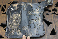 Handmade black leather punk skull pirate carved biker wallet Long wallet clutch for men