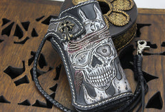 Handmade black leather punk vintage skull carved biker wallet Long wallet clutch for men