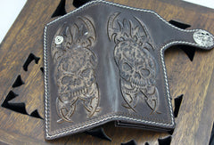 Handmade coffee leather punk Halley skull carved biker wallet Long wallet clutch for men