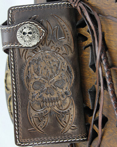 Handmade coffee leather punk Halley skull carved biker wallet Long wallet clutch for men - EverHandmade