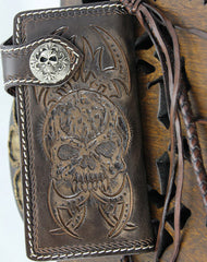 Handmade coffee leather punk Halley skull carved biker wallet Long wallet clutch for men