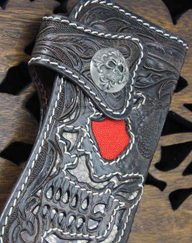 Handmade black coffee leather punk skull carved biker wallet Long wallet clutch for men - EverHandmade