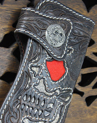 Handmade black coffee leather punk skull carved biker wallet Long wallet clutch for men