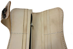 Handmade beige leather punk skull carved biker wallet Long wallet clutch for men - EverHandmade