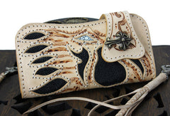 Handmade beige leather punk skull carved biker wallet Long wallet clutch for men - EverHandmade
