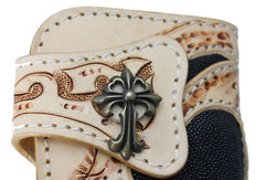 Handmade beige leather punk skull carved biker wallet Long wallet clutch for men - EverHandmade
