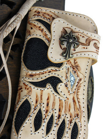 Handmade beige leather punk skull carved biker wallet Long wallet clutch for men - EverHandmade