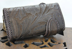 Handmade coffee leather floral grass punk carved biker wallet Long wallet clutch for men