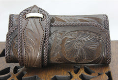 Handmade coffee leather floral grass punk carved biker wallet Long wallet clutch for men