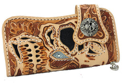 Handmade beige brown leather punk skull carved biker wallet Long wallet clutch for men