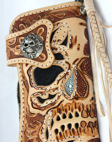 Handmade beige brown leather punk skull carved biker wallet Long wallet clutch for men - EverHandmade