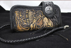 Handmade black leather punk Halley skull carved biker wallet Long wallet clutch for men