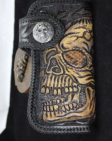 Handmade black leather punk Halley skull carved biker wallet Long wallet clutch for men