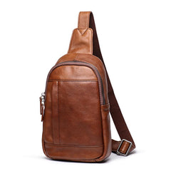 Trendy Black Leather Men's Sling Bag Chest Bag Brown Sling Crossbody Bag One Shoulder Backpack For Men