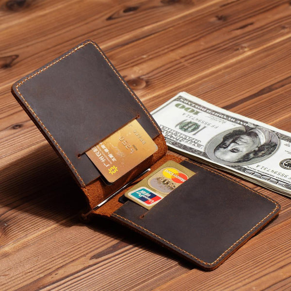 Dark brown Italian cowhide billfold wallet closed, front view