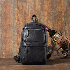 Cool Black Mens Leather One Shoulder Backpack Sling Bag Sling Crossbody Bag Chest Bag for Men