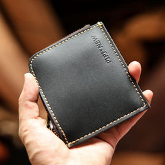 Handmade Slim Black Leather Mens billfold Wallet Zipper Small Wallet Front Pocket Wallet For Men