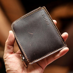 Handmade Slim Black Leather Mens billfold Wallet Zipper Small Wallet Front Pocket Wallet For Men