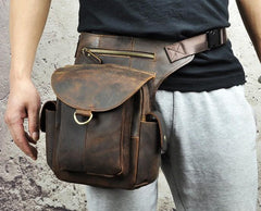 Cool Dark Brown Leather Mens Drop Leg Bag Belt Pouch Waist Bag Small Shoulder Bag For Men