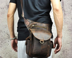Cool Dark Brown Leather Mens Drop Leg Bag Belt Pouch Waist Bag Small Shoulder Bag For Men