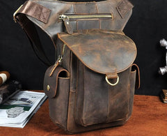 Cool Dark Brown Leather Mens Drop Leg Bag Belt Pouch Waist Bag Small Shoulder Bag For Men