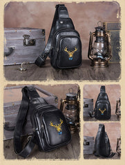 Vintage Black Womens Leather Sling Bag Chest Bags Purses One Shoulder Backpack for Ladies