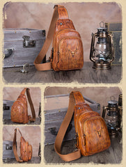 Vintage Brown Womens Leather Sling Bag Chest Bags Purses One Shoulder Backpack for Ladies