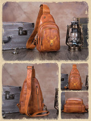 Vintage Brown Womens Leather Sling Bag Chest Bags Purses One Shoulder Backpack for Ladies