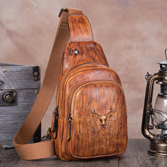 Vintage Brown Womens Leather Sling Bag Chest Bags Purses One Shoulder Backpack for Ladies