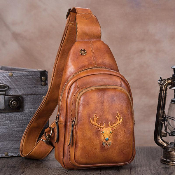 Vintage Brown Womens Leather Sling Bag Chest Bags Purses One Shoulder Backpack for Ladies