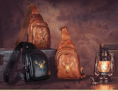 Vintage Brown Womens Leather Sling Bag Chest Bags Purses One Shoulder Backpack for Ladies