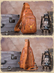 Vintage Brown Womens Leather Sling Bag Chest Bags Purses One Shoulder Backpack for Ladies